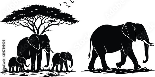 Photography Black and white silhouette illustration of a family of African elephants standin