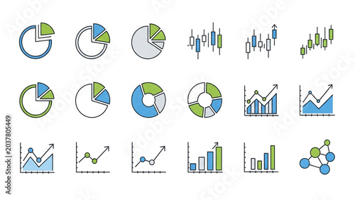 Collection of Data Charts and Graphs in Blue Green Colors on White Background