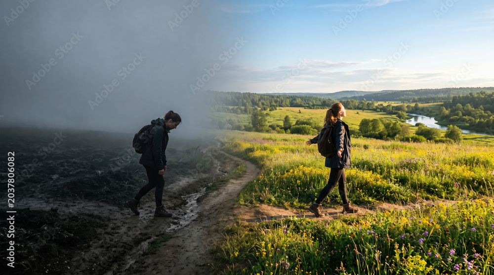 Obraz premium Emotional journey to better mental health insurance in nature serene landscape outdoor photography peaceful viewpoint