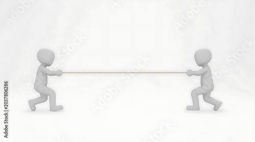Two figures engage in a tug-of-war, symbolizing competition and teamwork on a white background.