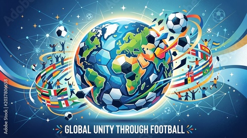 Dynamic world map formed with soccer balls in space representing global unity through football. Perfect for sports events, team merchandise, and international campaigns, Generated ai
