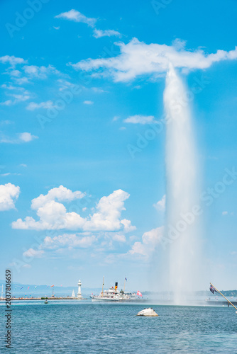 The fountain in lake Geneva in Switzerland on a sunny summer say