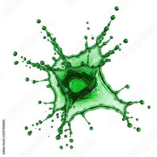 Bright green liquid splash with dynamic droplets flying in the air