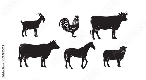 Farm animal domestic livestock mammal bird agriculture icon set with goat rooster cow horse sheep.