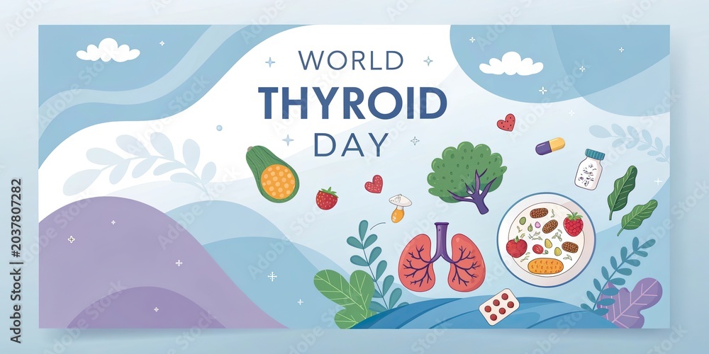 Fototapeta premium World Thyroid Day awareness banner with purple ribbon flowers