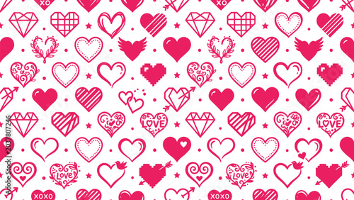 Tableau sur toile Seamless Pattern with Pink Hearts on White Background, Valentine's Day Love Vect