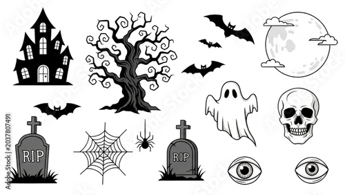Fotografía Halloween Vector Icon Sheet featuring spooky illustrations of haunted house, tree, ghost, and tombstones