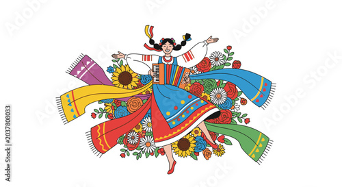 Vibrant folk dancer illustration with colorful dress and flowers