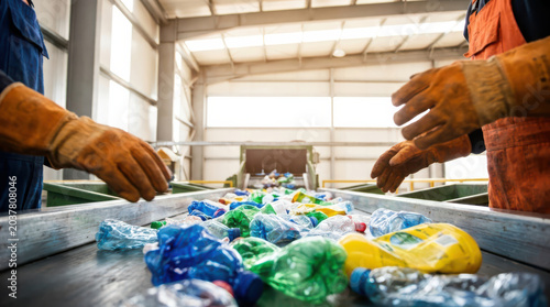 Recycling center sorting line plastic bottles with workers wearing gloves and protective clothing in bright industrial facility