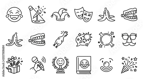 Comedy Icons Set: Laughter, Performance, Jokes, Fun, Entertainment Symbols