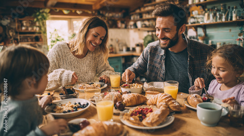 A joyful family gathers around a table filled with delicious breakfast foods, sharing laughter and good moments over croissants, fruits, and refreshing drinks in a cozy setting.