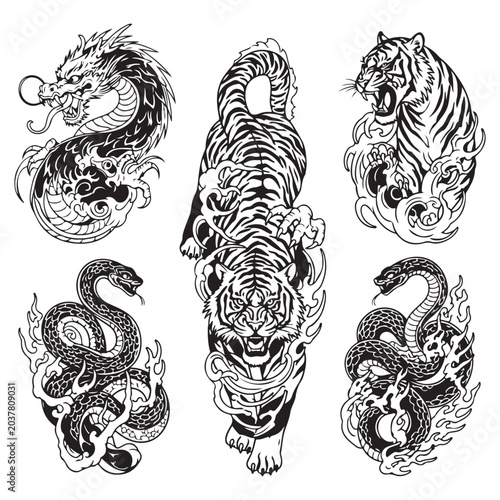 Quadro su tela Traditional Japanese irezumi vector art set with dragon tiger and snake illustra
