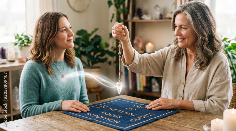 Fototapeta premium Exploring mental health insurance through guided pendulum readings cozy home setting wellness workshop intimate atmosphere