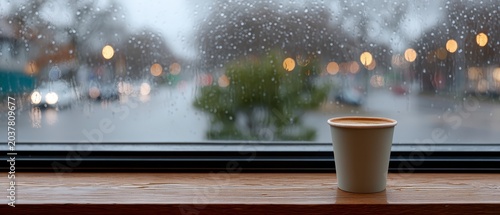 Coffee cup on a wet wooden table against a rainy window with blurred city lights and traffic in the background
