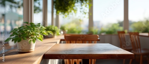 Empty Wooden Cafe Table and Chairs with Green Potted Plant and Soft Sunlight
