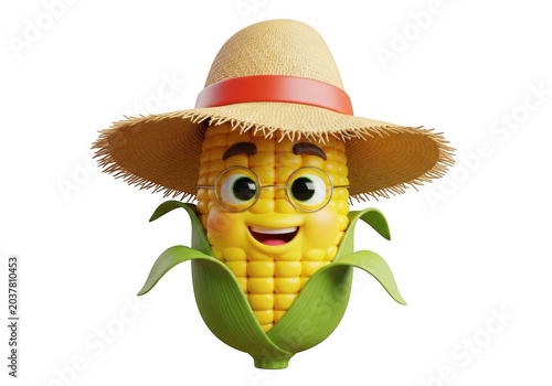 Cute 3D Character Corn with Straw Hat and Glasses
