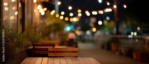 Outdoor Restaurant Patio Evening Ambiance With String Lights And Wooden Tables