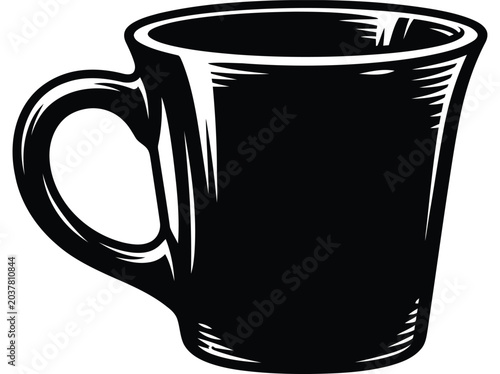 Stylized black coffee mug illustration on white background
