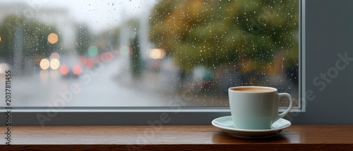 Warm Coffee Cup Rests On Wet Wooden Table With Rainy City View Outside Window