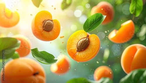 Fresh Apricots Falling in Sunlight with Green Leaves