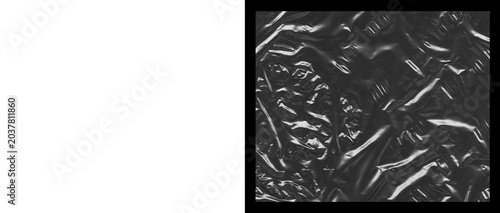 Konstfotografi Crumpled black plastic texture, wrinkled dark polyethylene film background, glos