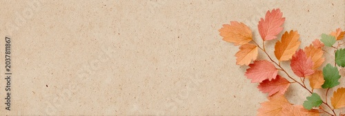 Autumn Branch With Red Orange Green Leaves On Textured Sandy Background In Studio Lighting