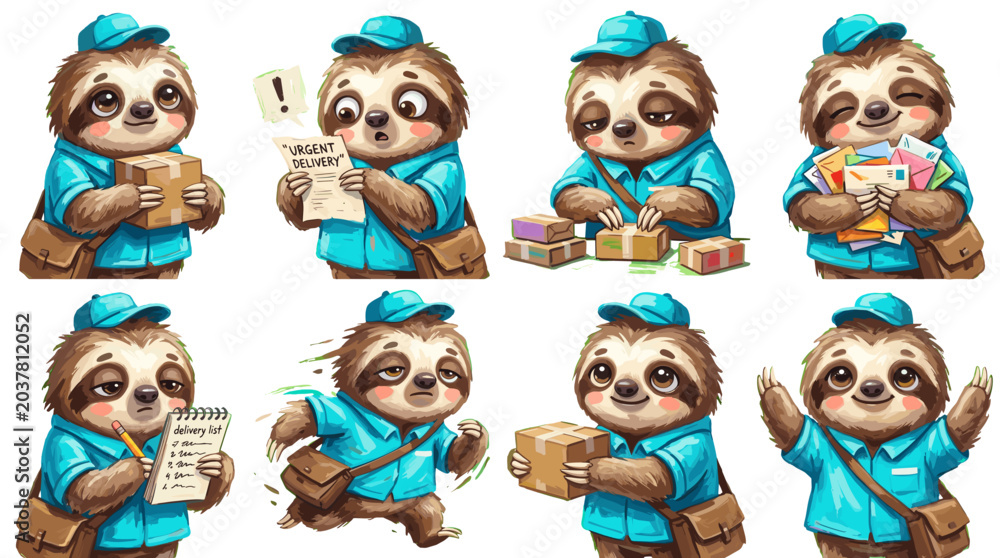 Obraz premium A charming collection of eight illustrations featuring a cute sloth dressed as a postal worker, engaged in various delivery-related activities.