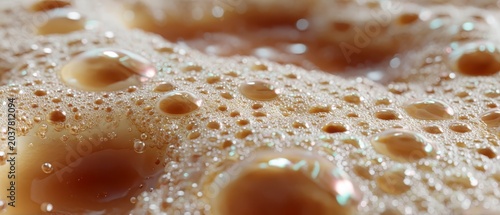 Close Up Macro Shot Of Foamy Coffee With Bubbles Reflecting Light