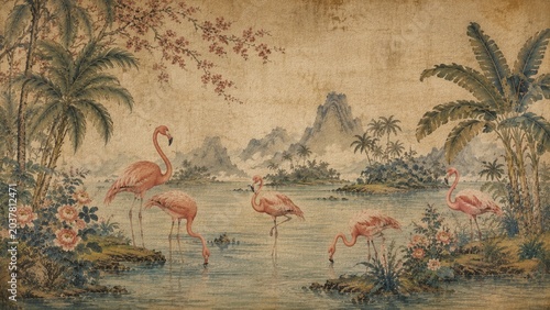 Vintage tropical flamingo landscape in antique fresco painting style