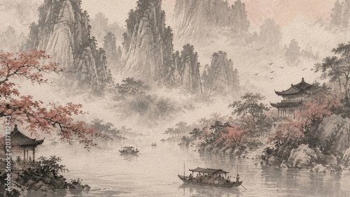 Obraz na plátne Traditional Asian Misty Mountain Ink Landscape