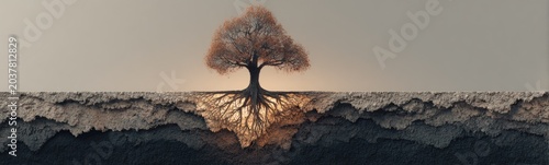 Tree with roots on a cliff with a sunset in the background genealogy tree concept