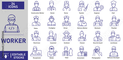 A set of 24 worker line icons