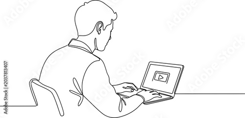 Cuadro en lienzo Man typing on laptop, watching video online, continuous line drawing