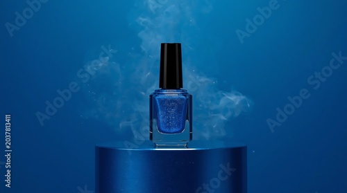 Elegant Blue Nail Polish Bottle on a Stylish Blue Pedestal.