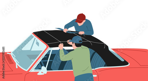 Photos Car Restoration: Two Men Installing a New Convertible Soft Top