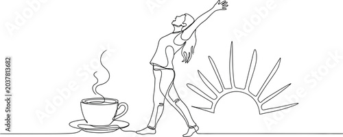 Woman stretching with coffee and sunrise, one line drawing