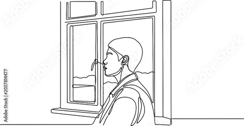 Tableau sur toile Continuous line drawing of a person looking out a window, contemplative mood, simple art style