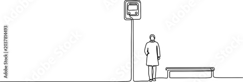 Foto Minimalist drawing of person waiting at bus stop with bench