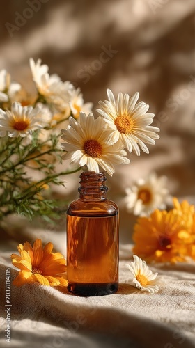 Bottle of essential oil with flowers in the background mockup