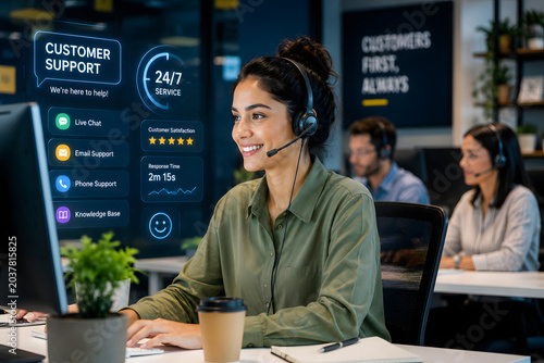 Customer Support Service Representative in Modern Call Center Office Environment