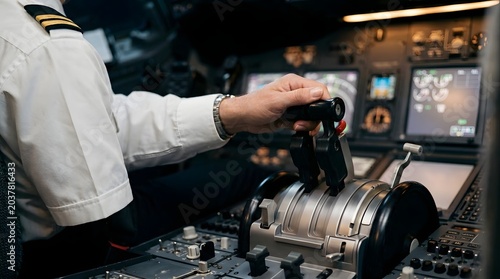 Pilot handles the chrome throttle lever inside the dim cockpit while monitoring the glowing digital instrument displays during a commercial flight.