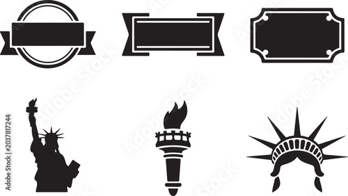 Minimalist statue of liberty and flame torch vector icons with badges