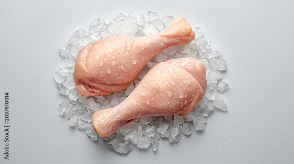 Fototapeta premium Fresh Raw Chicken Drumsticks on Ice - Culinary Preparation and Food Photography.