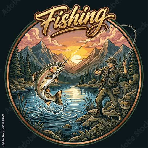 Foto Man catches big fish in serene mountain lake at sunset