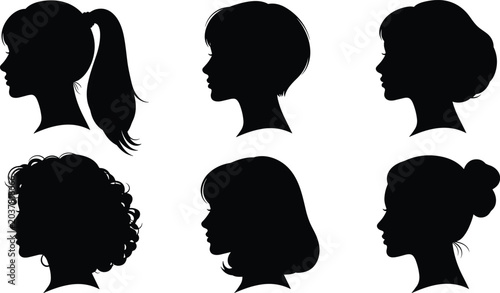 Foto Women Hairstyle Profile Silhouette Icon Set with Ponytail Curly Short Bob and Bu