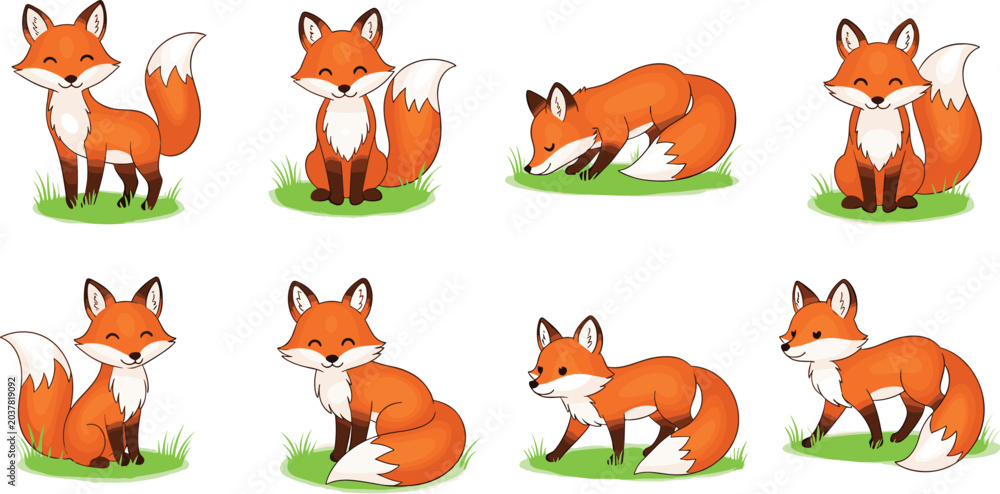 Obraz premium Cute Cartoon Fox Character Set with Various Poses Sleeping Sitting Standing and Walking for Children Book Illustration and Woodland Animal Graphic Designs (23 words)
