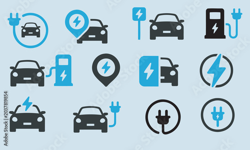 Electric Vehicle and Charging Station Icons Set with Transportation and Energy Symbols
