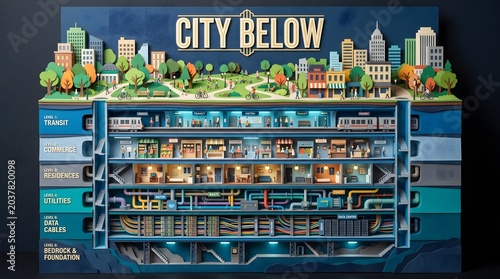 A vivid paper-cut model explores the unseen foundations of society, depicting the intricate layered ecosystem of transit, utilities, and data that pulse silently beneath a thriving...