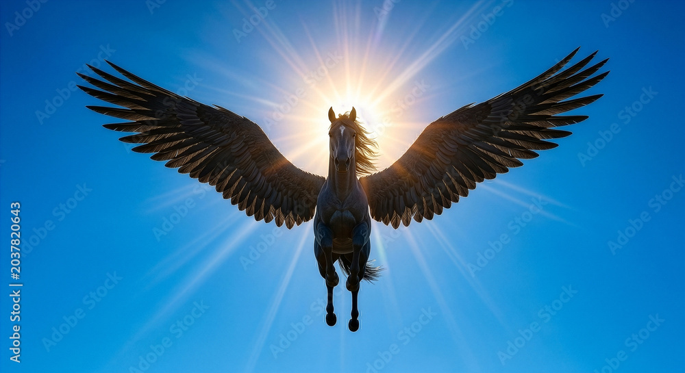 Obraz premium Majestic Black Pegasus Flying in the Clear Blue Sky Against a Bright Sunburst, Epic Fantasy Winged Horse Concept