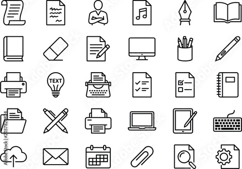 Creative writing office documentation copywriting and content publishing outline line icons vector set